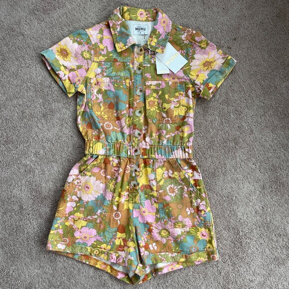 Show Me Your MuMu Pants - Show Me Your Mumu Cannon Romper Women S Multi Groovy Blooms Denim Floral NWT NEW